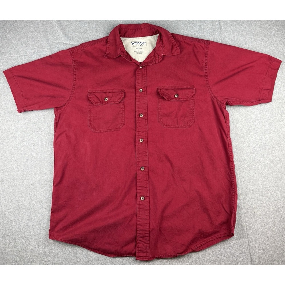 Wrangler Hero Button Down Shirt Mens Medium Red Short Sleeve Cotton Workwear